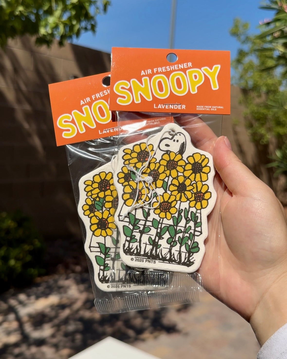 Hand holding two packaged Snoopy Sunflower lavender-scented air fresheners against a sunny outdoor background.