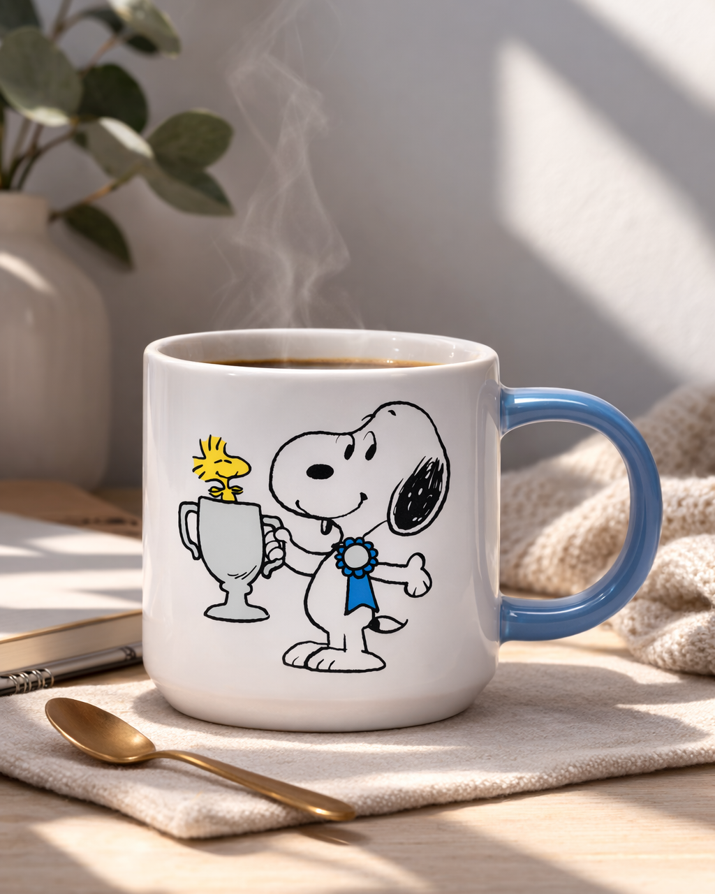 Snoopy Top Dog ceramic mug with steaming coffee on a cozy desk with notebook and spoon, Peanuts mug for slow mornings and coffee lovers