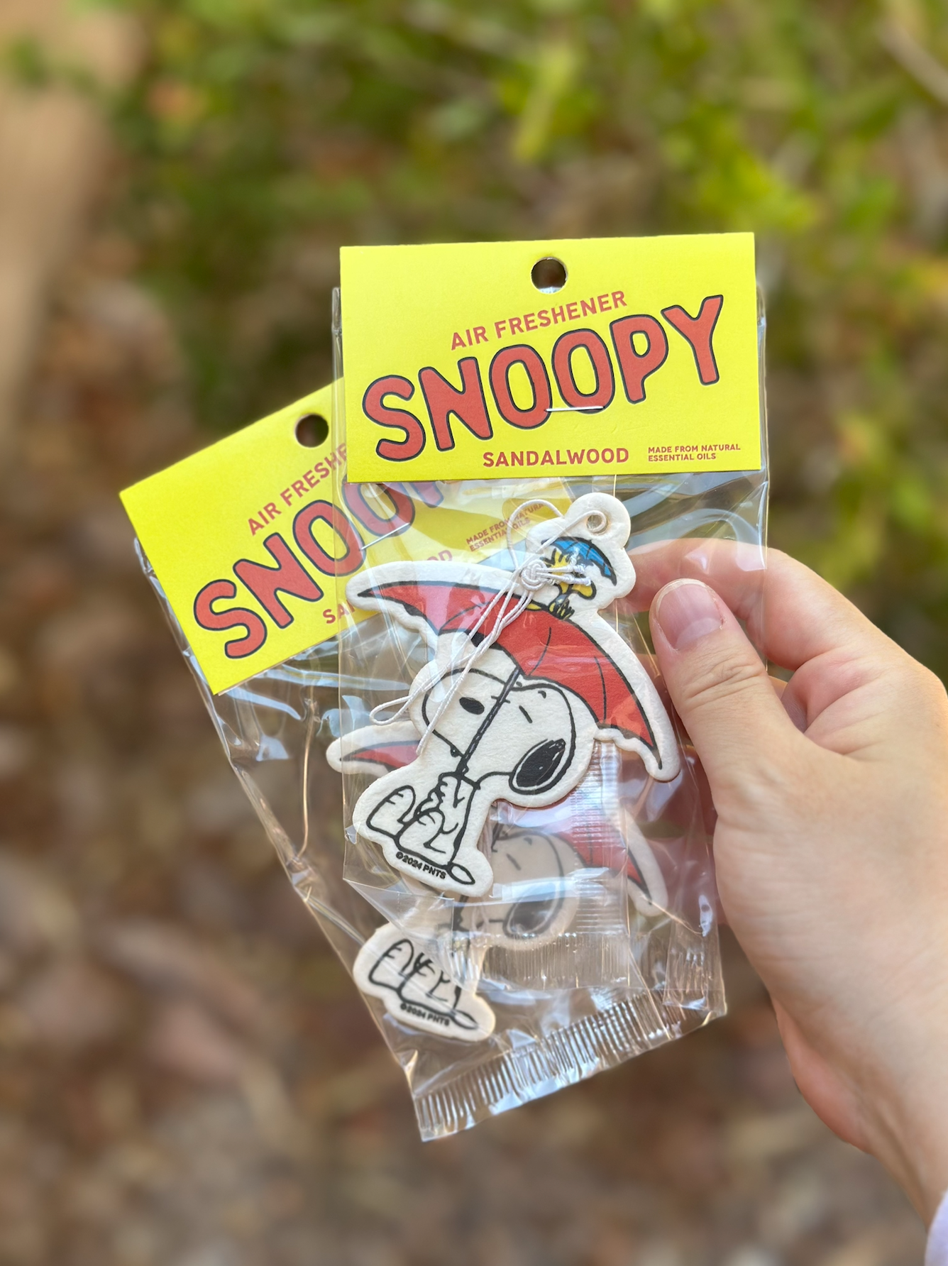 Hand holding two packaged Snoopy Umbrella sandalwood-scented air fresheners against a blurred leafy background.