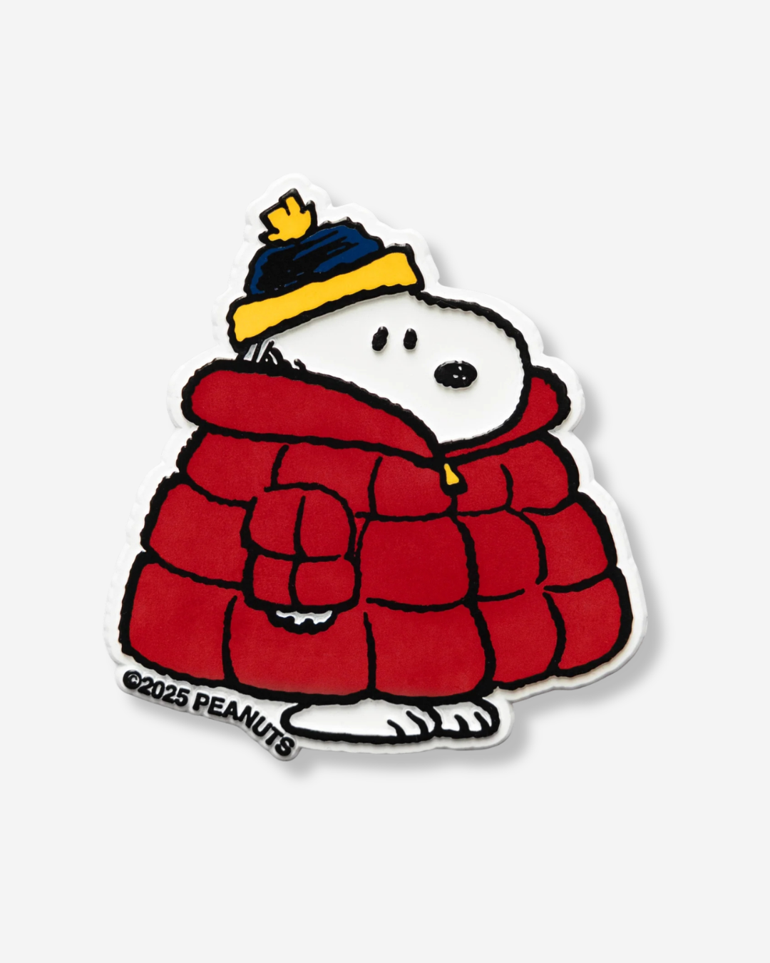 Snoopy wearing red winter coat magnet isolated product photo, Peanuts fridge magnet decor.