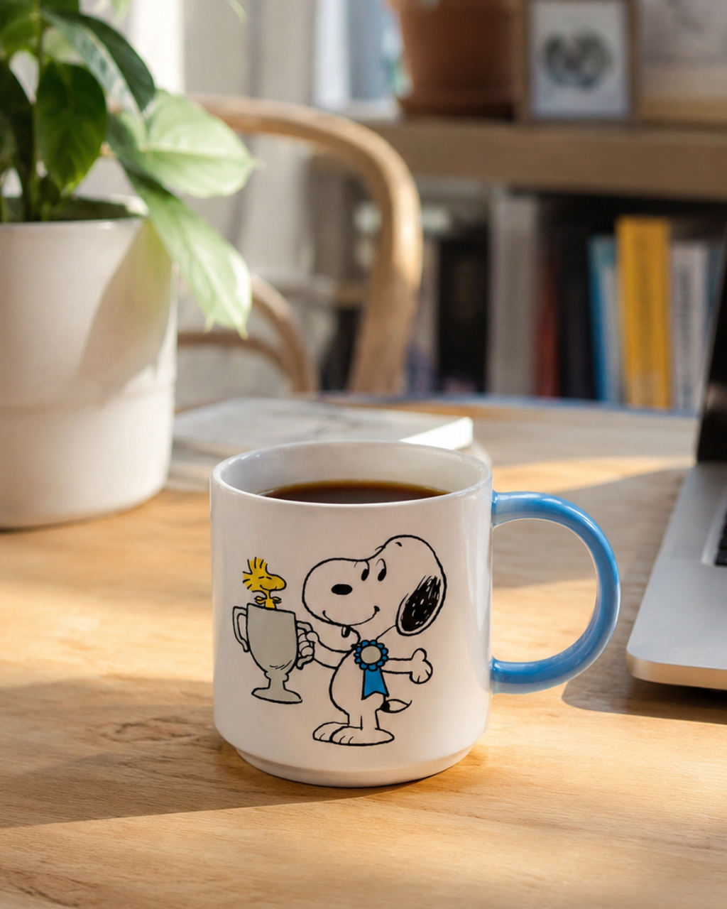 A blue-handled Snoopy mug featuring Snoopy holding a trophy with Woodstock on top sits on a wooden desk beside a laptop, plant, and bookshelf.