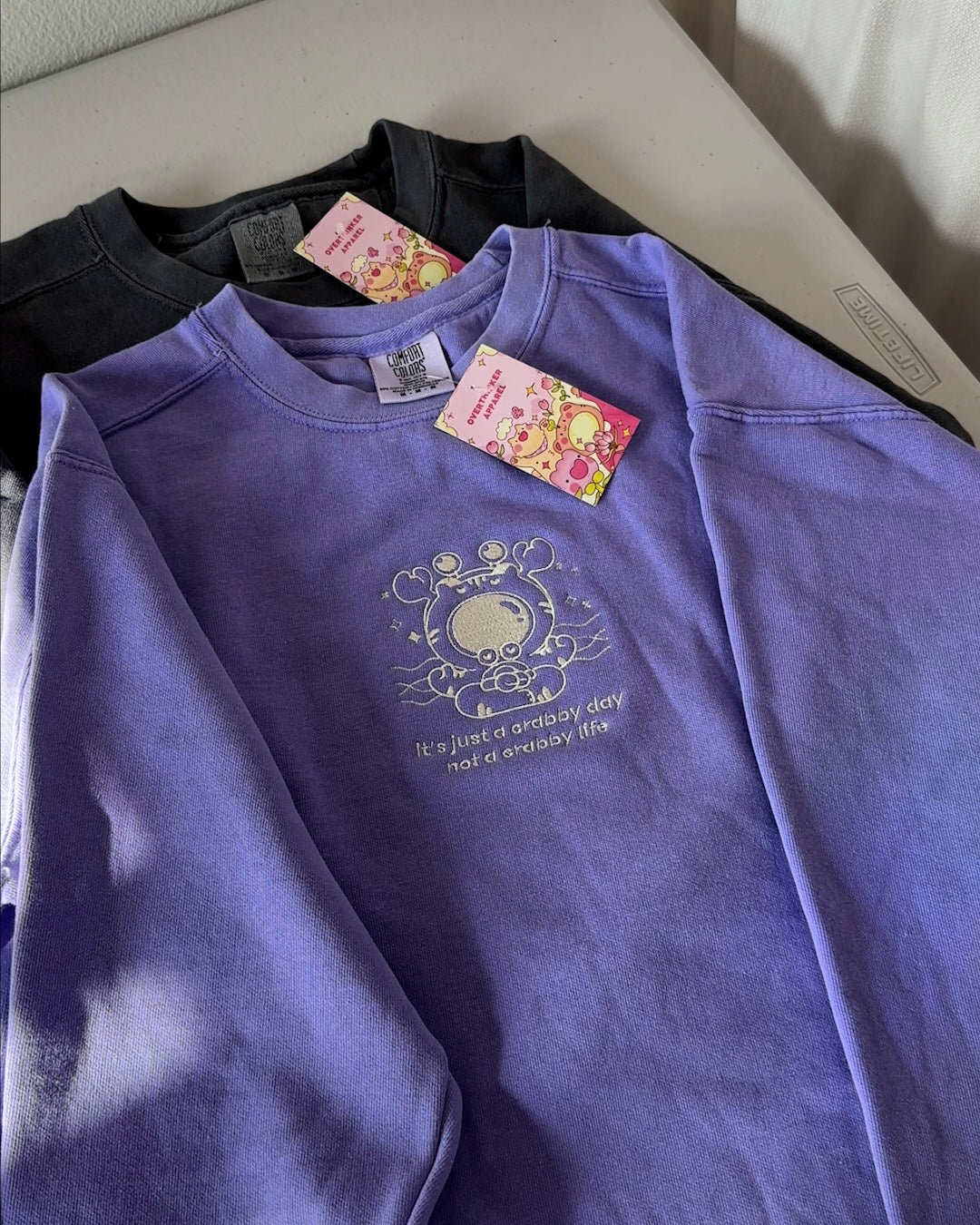 "Crabby Day Not Crabby Life" Embroidered Crewneck Sweatshirt  - Violet