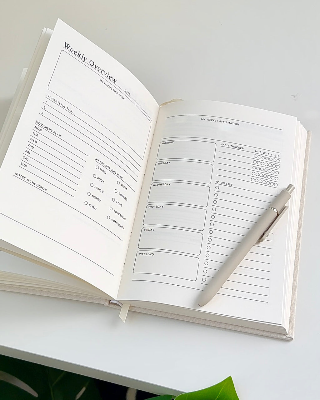 Weekly overview and habit tracker pages in an undated daily planner designed for intentional routines and burnout-free productivity.