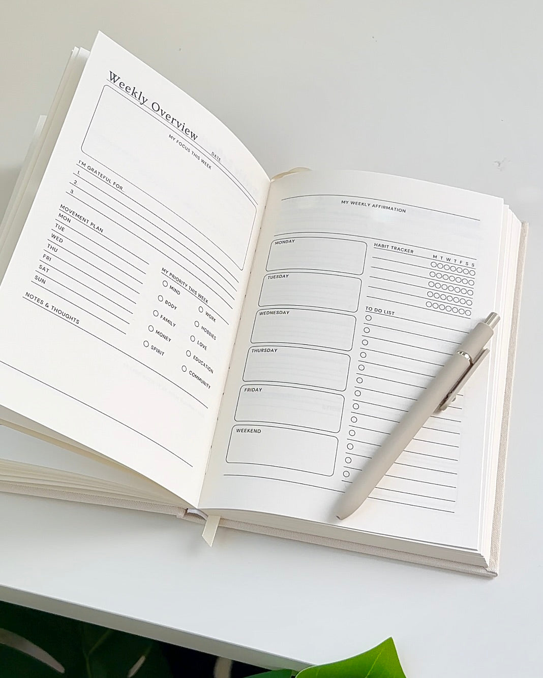 Weekly overview and habit tracker pages in an undated daily planner designed for intentional routines and burnout-free productivity.