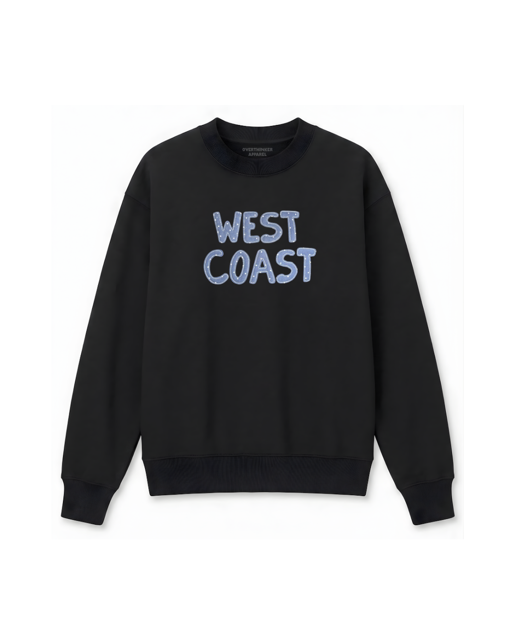 black oversized sweatshirt with west coast embroidered text graphic relaxed cozy fit casual coastal style