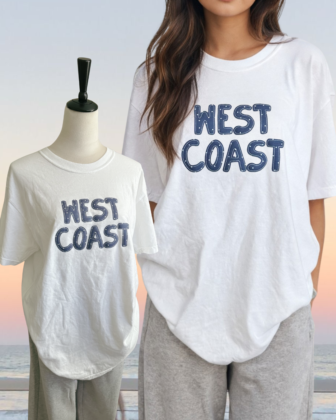 white west coast graphic t shirt oversized fit shown on mannequin and styled casual outfit inspiration