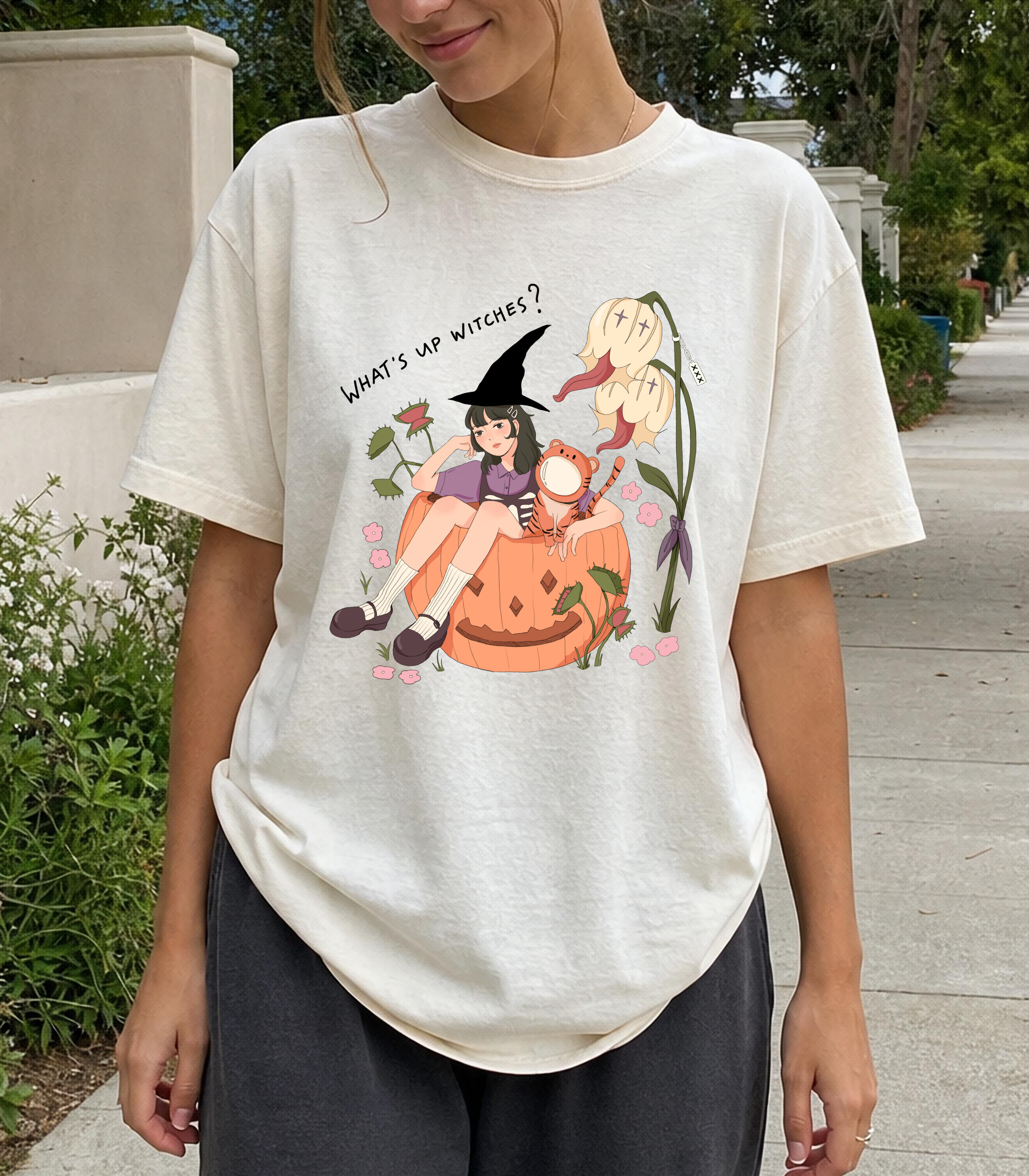 What's Up Witches Graphic Tee — Ivory Relaxed Fit 100% Cotton T-Shirt