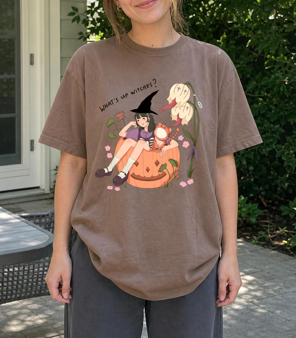 What's Up Witches Graphic Tee — Espresso Relaxed Fit 100% Cotton T-Shirt