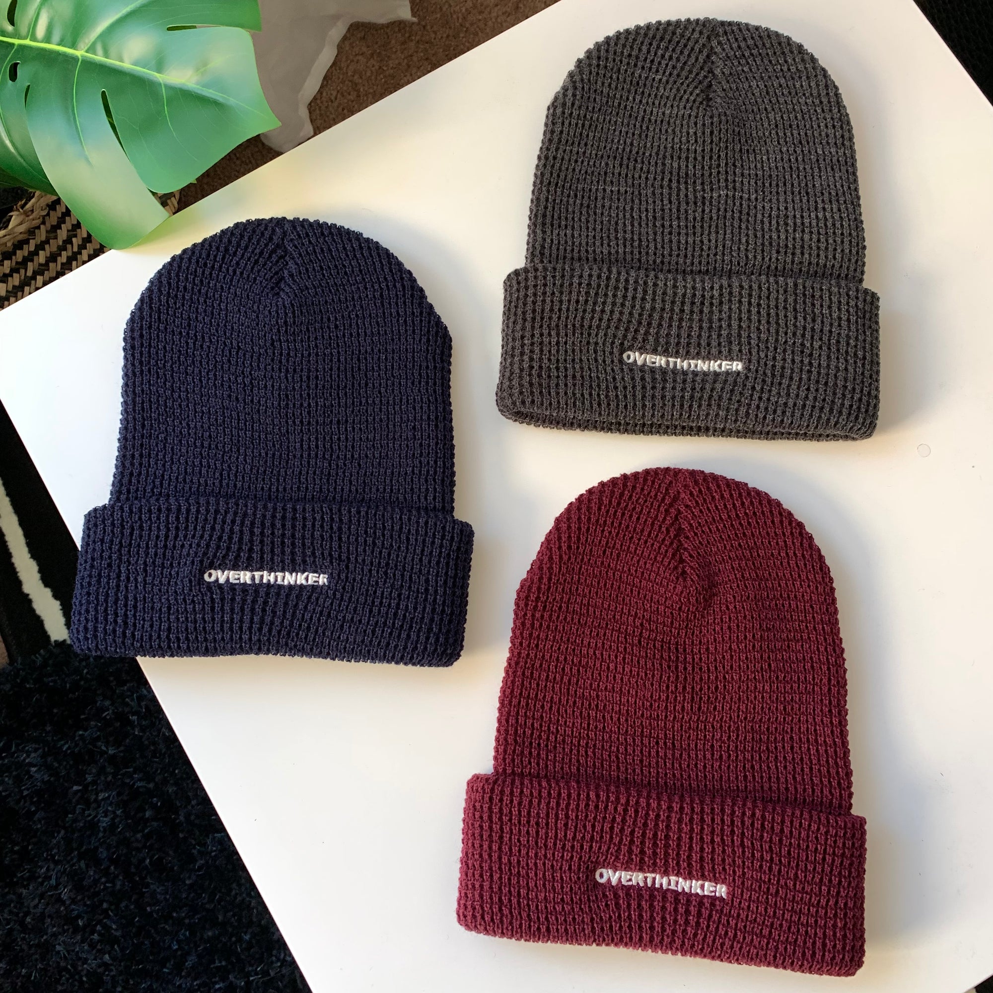 [Studio Sample] OVERTHINKER Waffle Knit Beanie – Cuffed Embroidered Hat in Charcoal or Burgundy
