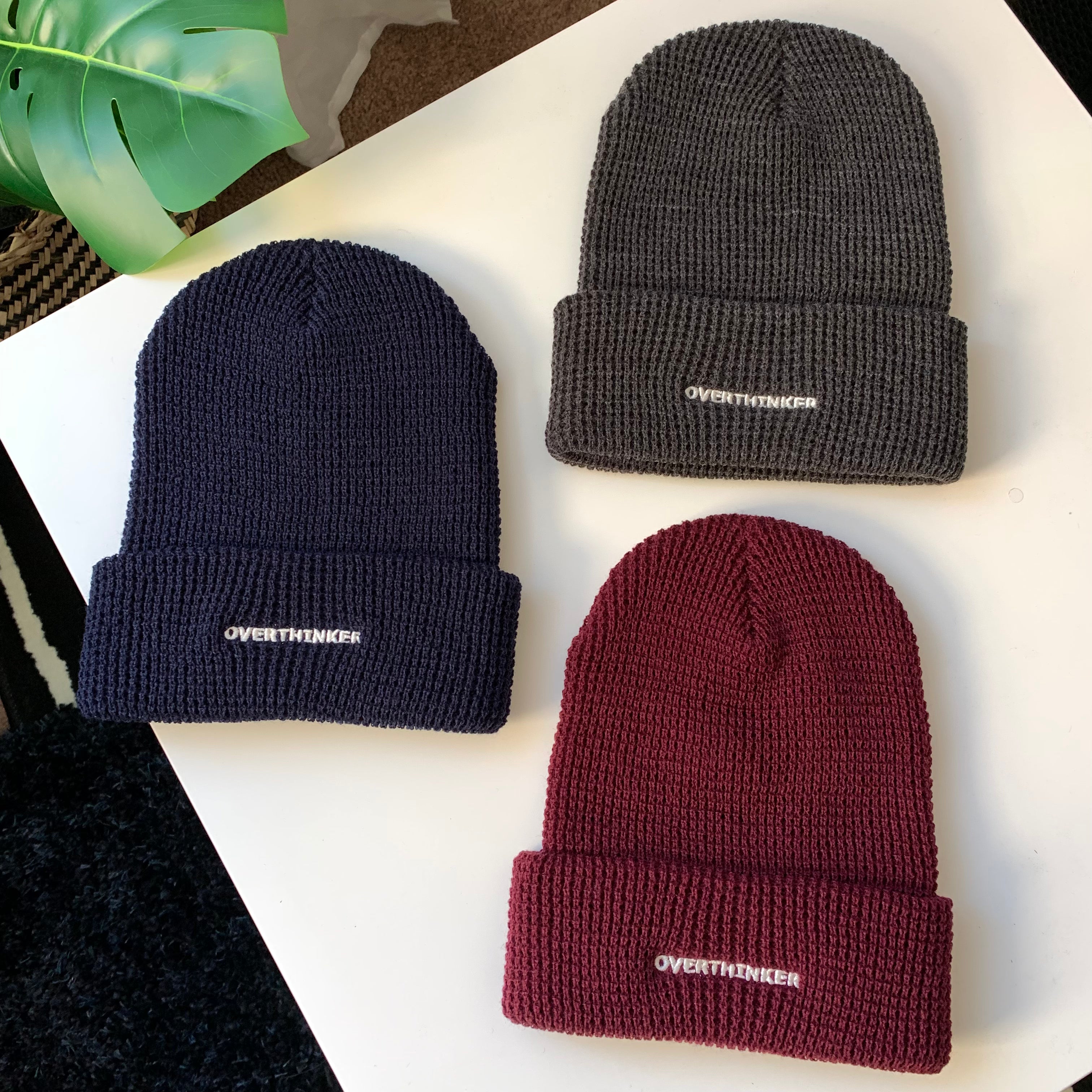 [Studio Sample] OVERTHINKER Waffle Knit Beanie – Cuffed Embroidered Hat in Charcoal or Burgundy