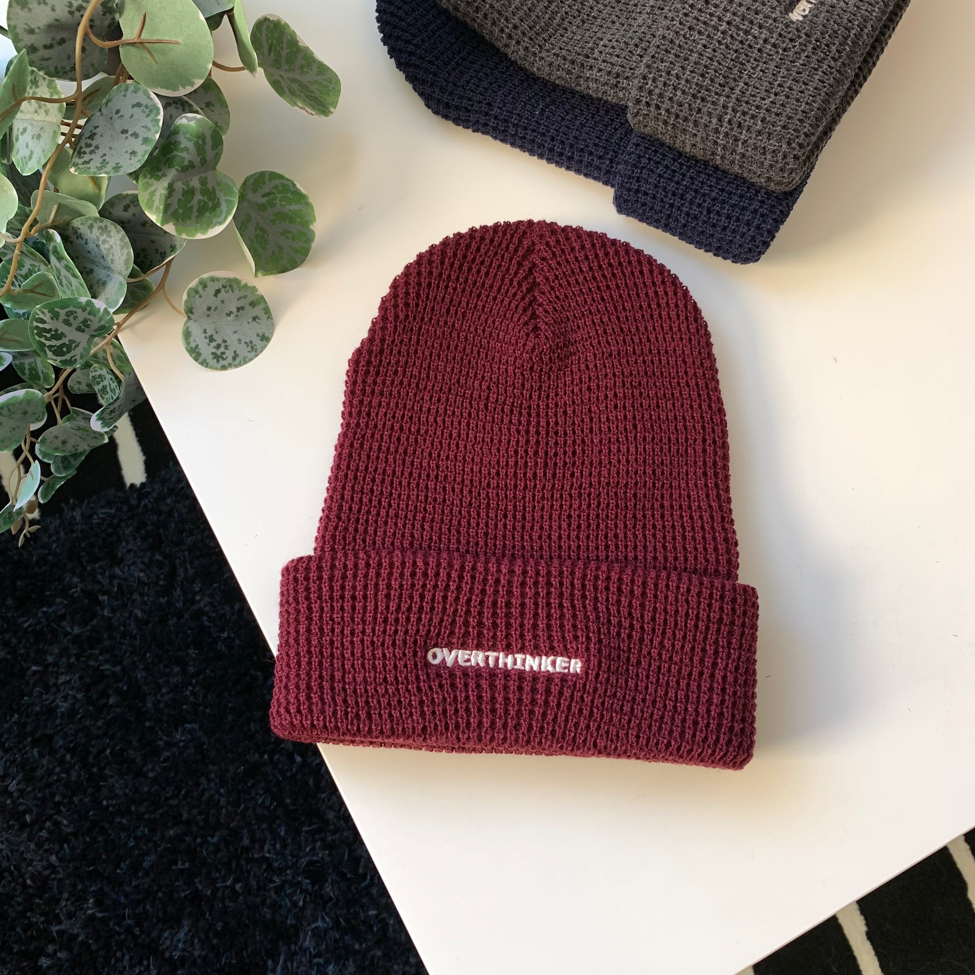 [Studio Sample] OVERTHINKER Waffle Knit Beanie – Cuffed Embroidered Hat in Charcoal or Burgundy