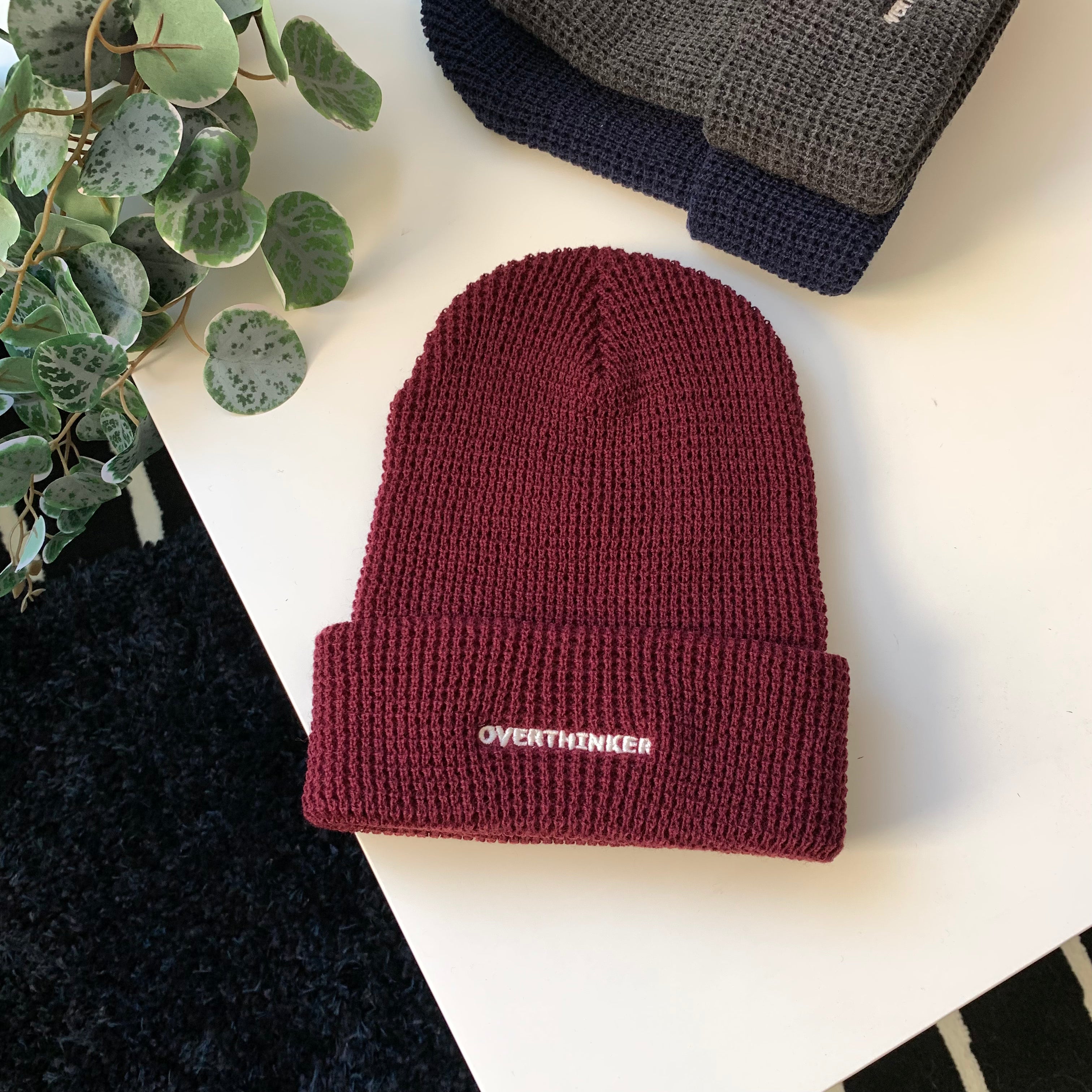 [Studio Sample] OVERTHINKER Waffle Knit Beanie – Cuffed Embroidered Hat in Charcoal or Burgundy