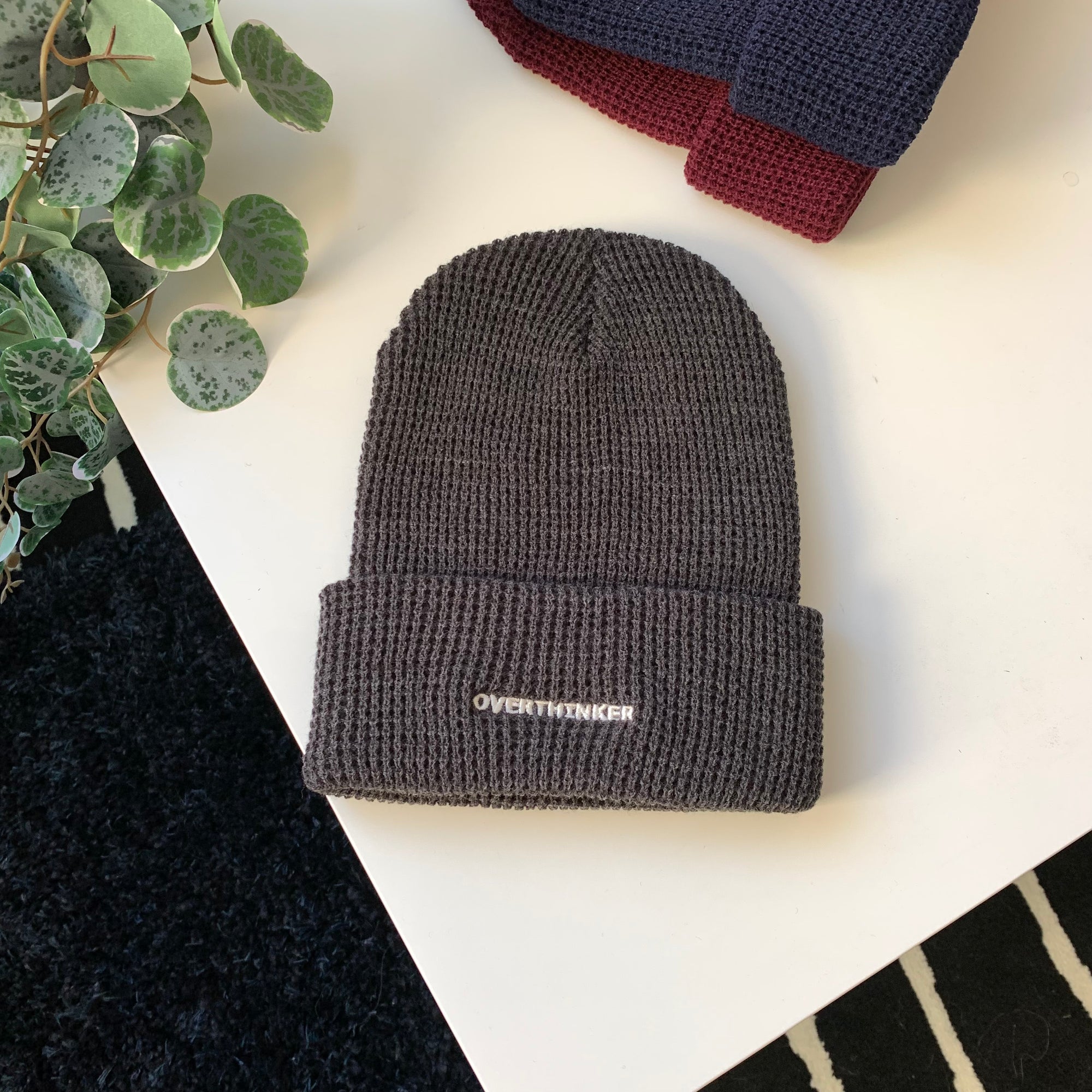 [Studio Sample] OVERTHINKER Waffle Knit Beanie – Cuffed Embroidered Hat in Charcoal or Burgundy