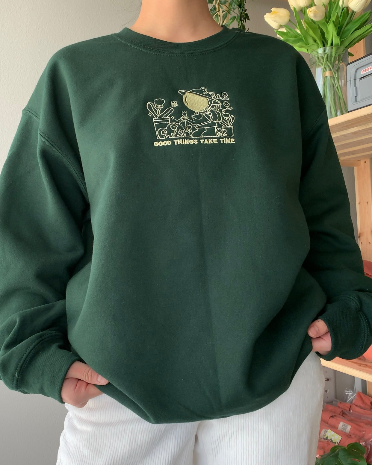 [Studio Sample] Good Things Take Time Embroidered Sweatshirt – Forest Green Crewneck for Plant Lovers, Burnout Recovery, and Soft Self-Motivation