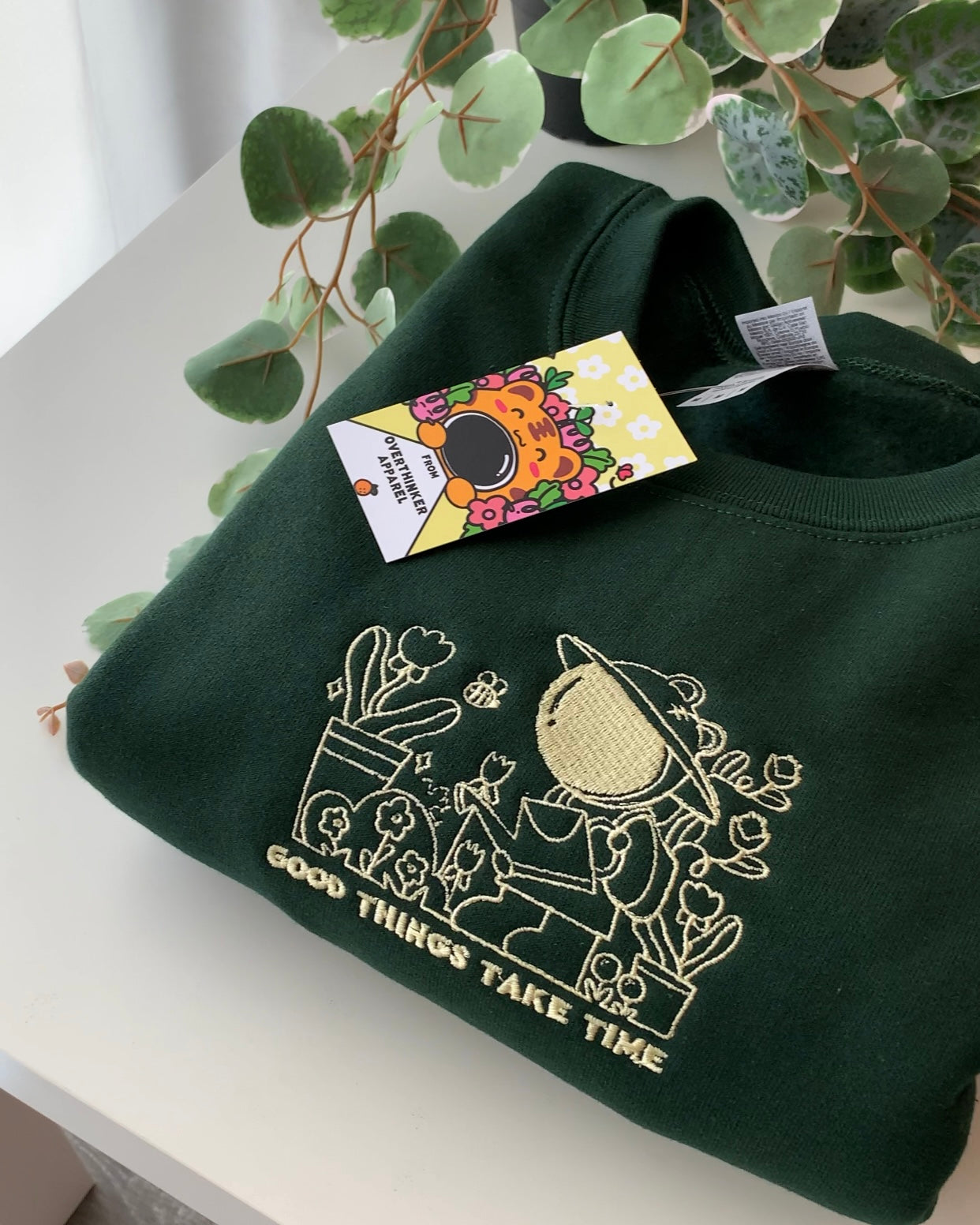 Good Things Take Time Embroidered Sweatshirt | Forest Green Cozy Crewneck