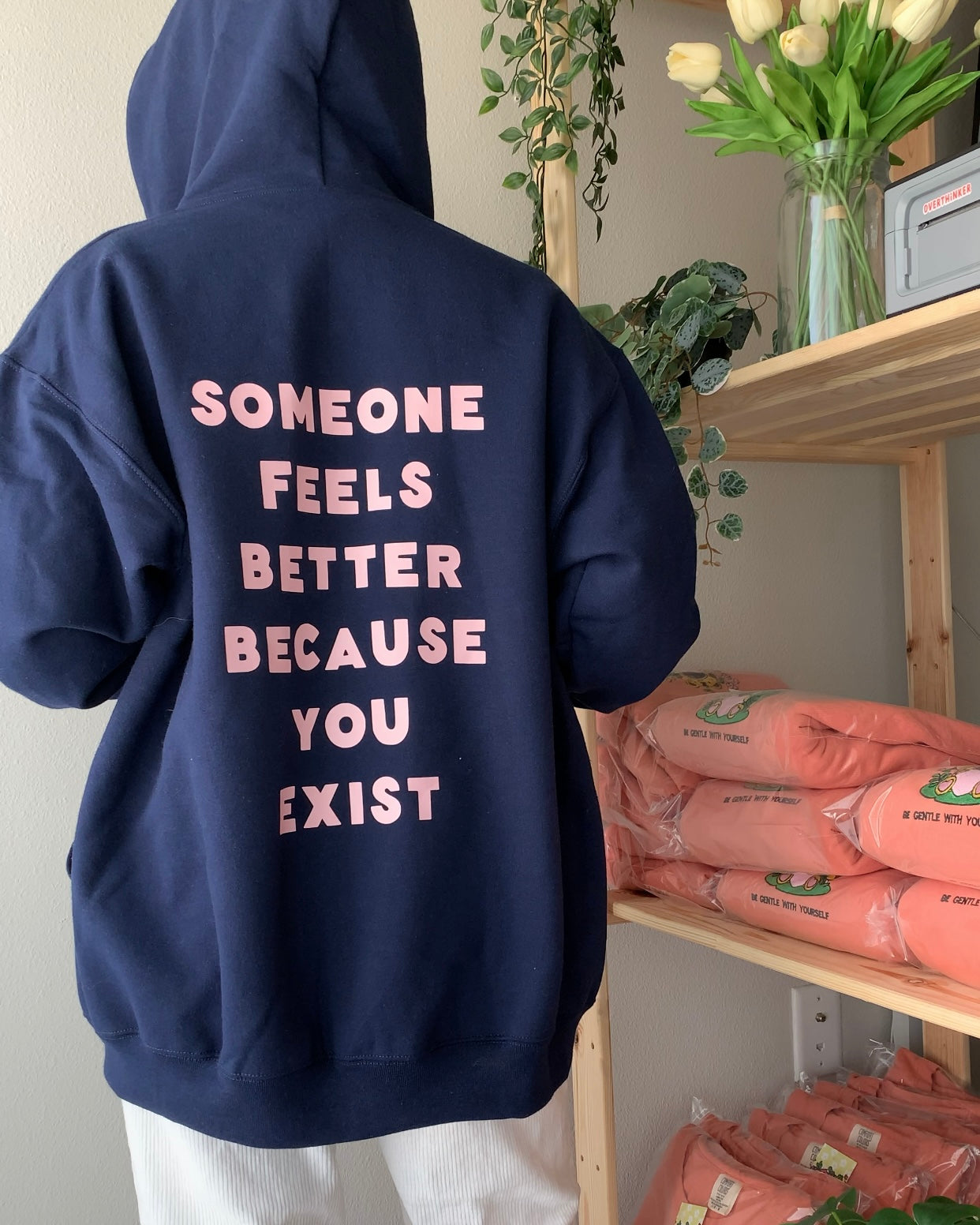 Someone Feels Better Because You Exist Zip-Up Hoodie | Navy Affirmation Jacket with Heart Detail