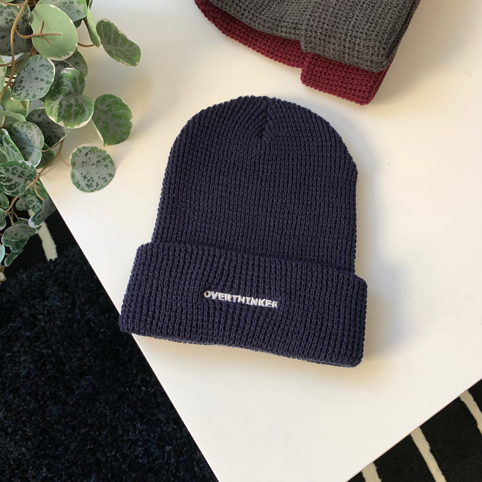[Studio Sample] OVERTHINKER Waffle Knit Beanie – Cuffed Embroidered Hat in Charcoal or Burgundy